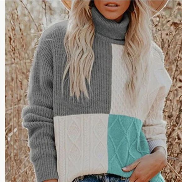 New Turtleneck Color Block Cable Knit Pullover Sweater - Picture 1 of 4
